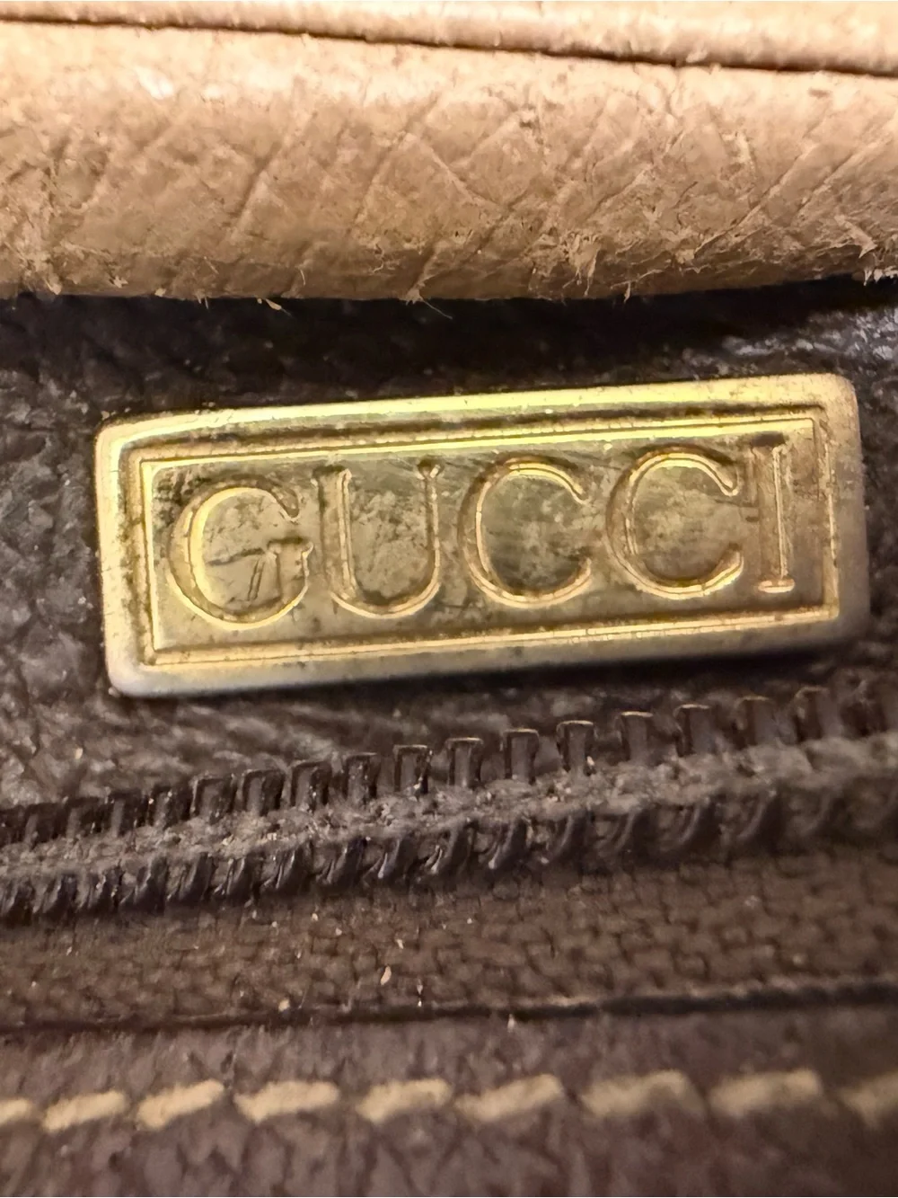 Gucci Gold-Tone Logo Plate on Dark Brown Leather